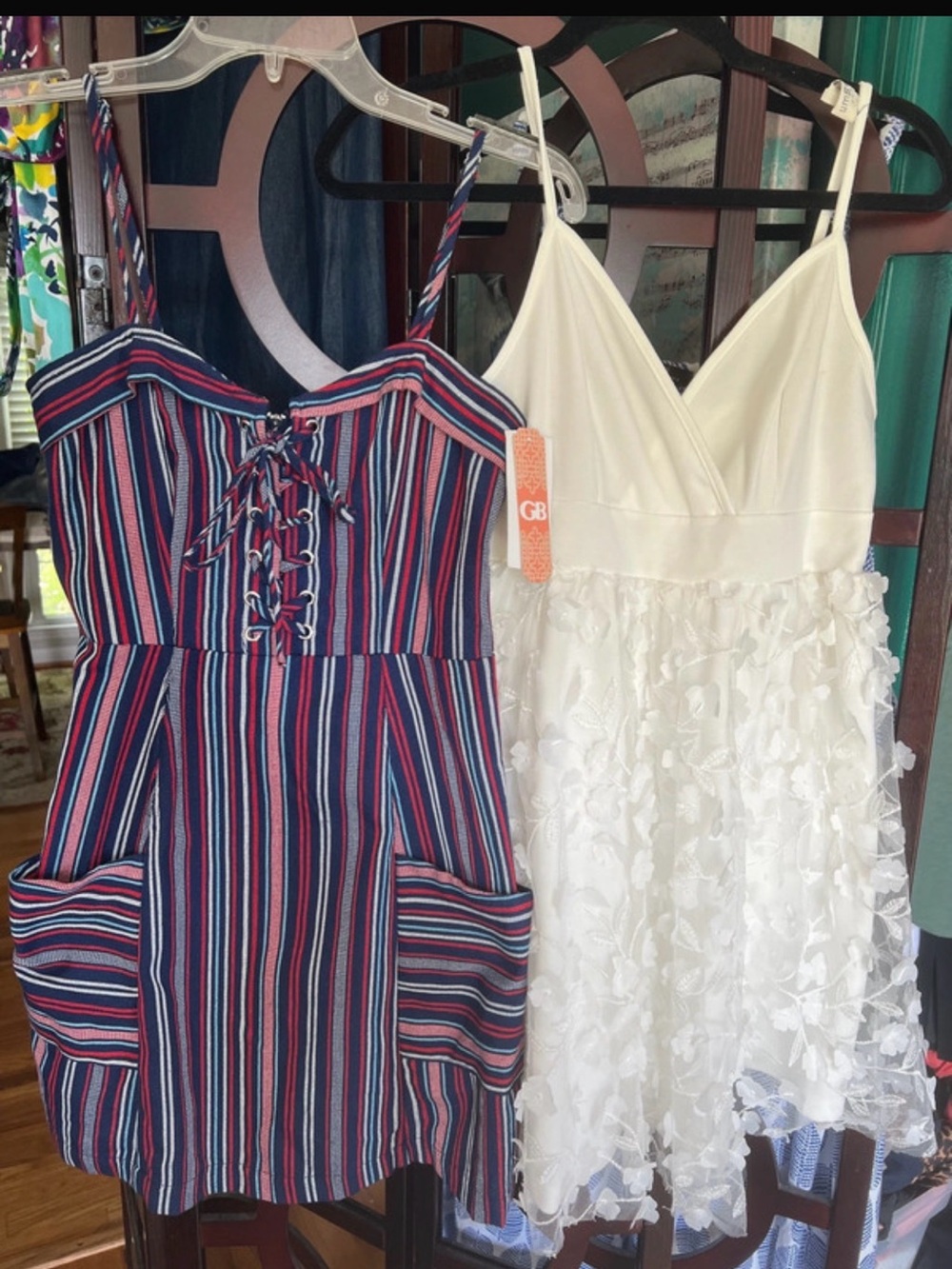GB Girls Navy, red & White Striped Sundress and White Floral Appliqué Dress Set